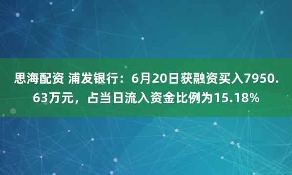 思海配资 浦发银行：6月20日获融资买入7950.63万元，占当日流入资金比例为15.18%